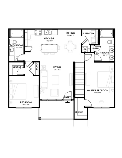 2BR 2BA (1185 SF) Floor Plan at The Villas at Germantown, Memphis, 38125